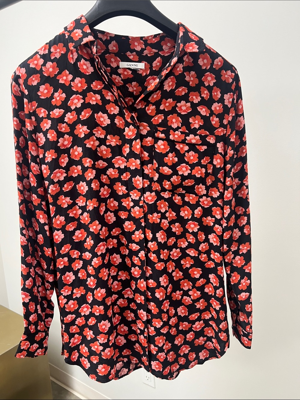 Ganni Black Blouse with Red Floral Print